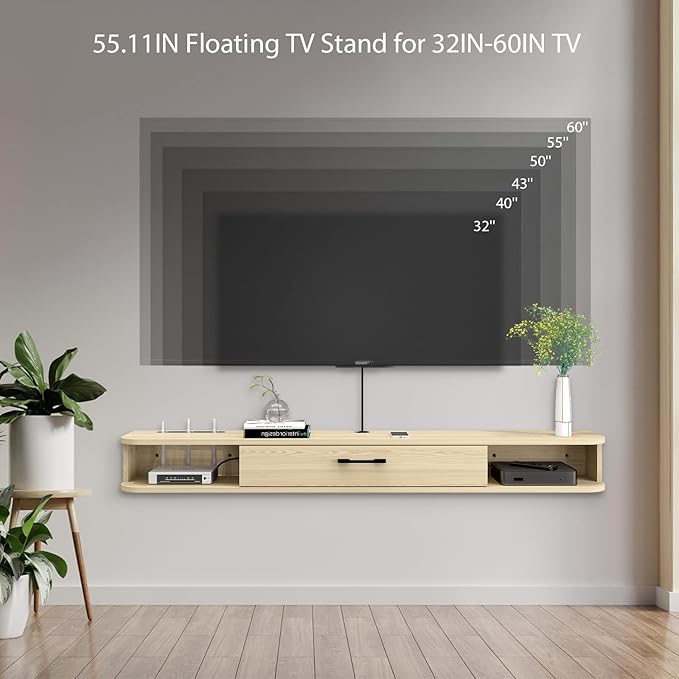 Floating TV Unit, 55'' Wall Mounted TV Cabinet, Floating Shelves with Door, Modern Entertainment Media Console Center Large Storage TV Bench for Living Room & Office (55.12IN, Light Oak)
