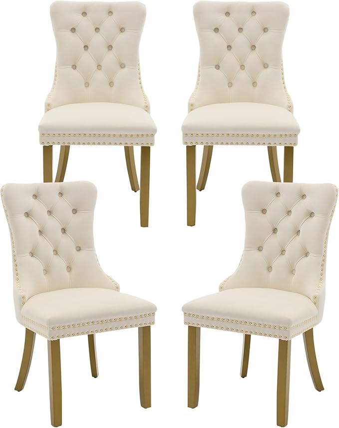 Velvet Dining Chairs Set of 4, High-end Tufted Upholstered Dining Chair with Back Ring Pull, Nailhead Trim and Golden Solid Wood Legs, Modern Dining Room Chairs for Dining Room, Cream