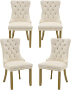Velvet Dining Chairs Set of 4, High-end Tufted Upholstered Dining Chair with Back Ring Pull, Nailhead Trim and Golden Solid Wood Legs, Modern Dining Room Chairs for Dining Room, Cream