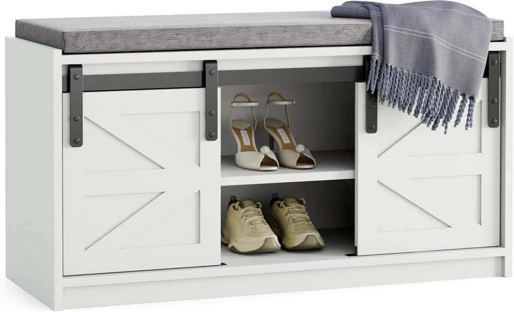 Mondeer Shoe Storage Bench, 2-Tier Farmhouse Entryway Bench with Sliding Barn...