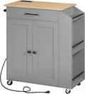 HOOBRO Kitchen Island with Power Outlet, Storage Island with Spice Rack and Drawer, Rolling Kitchen Cart on Wheels, for Home, Dining Room, Natural and Gray GN82UZD01