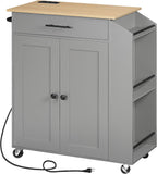 HOOBRO Kitchen Island with Power Outlet, Storage Island with Spice Rack and Drawer, Rolling Kitchen Cart on Wheels, for Home, Dining Room, Natural and Gray GN82UZD01