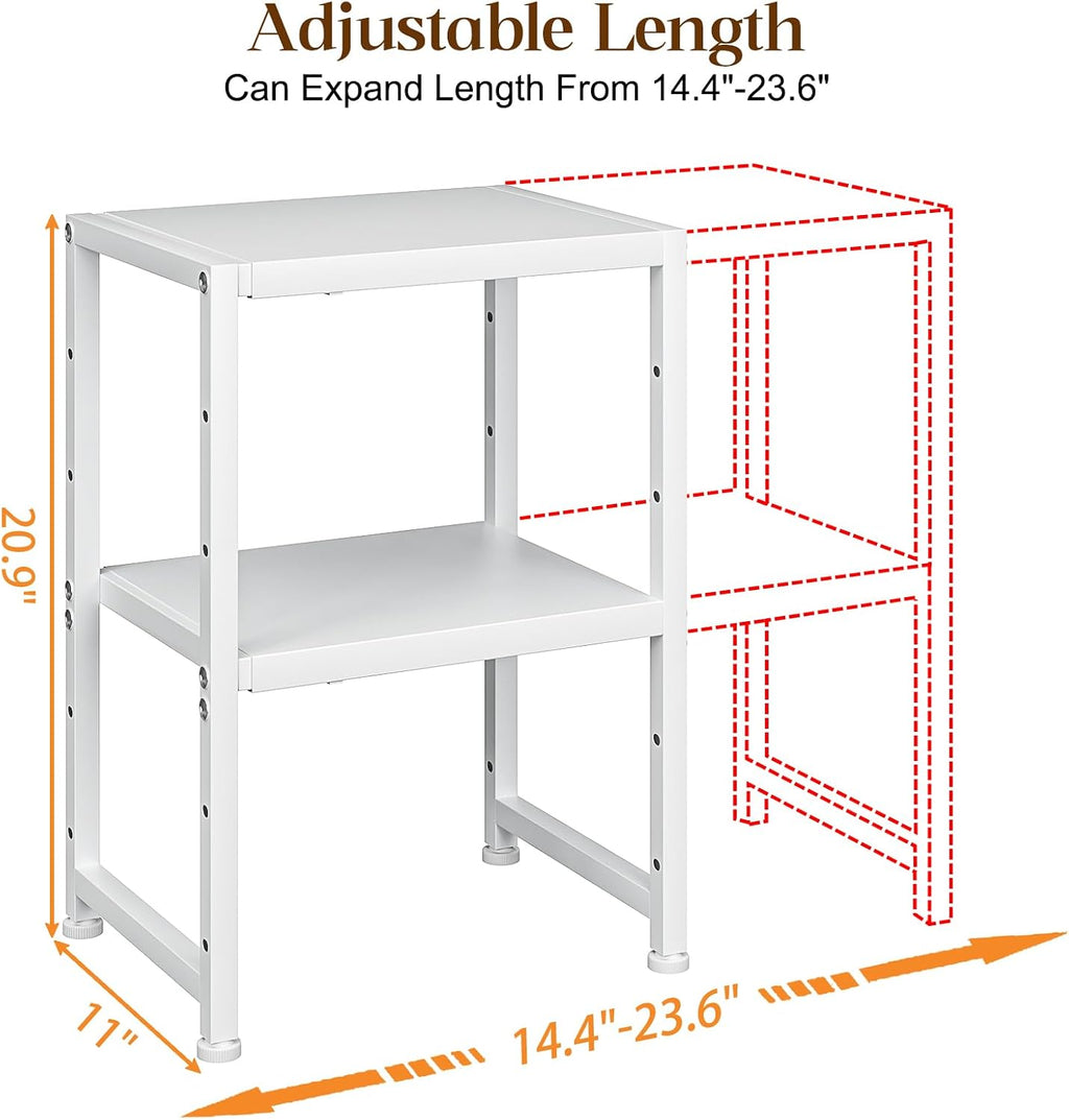2-Tier Expandable Kitchen Storage Shelf,150LBS Heavy Duty Metal Shelving Units For Small Appliance,Adjustable Pots and Pans Organizer Rack Shelves For Kitchen Counter Under Cabinet Garage Pantry,White