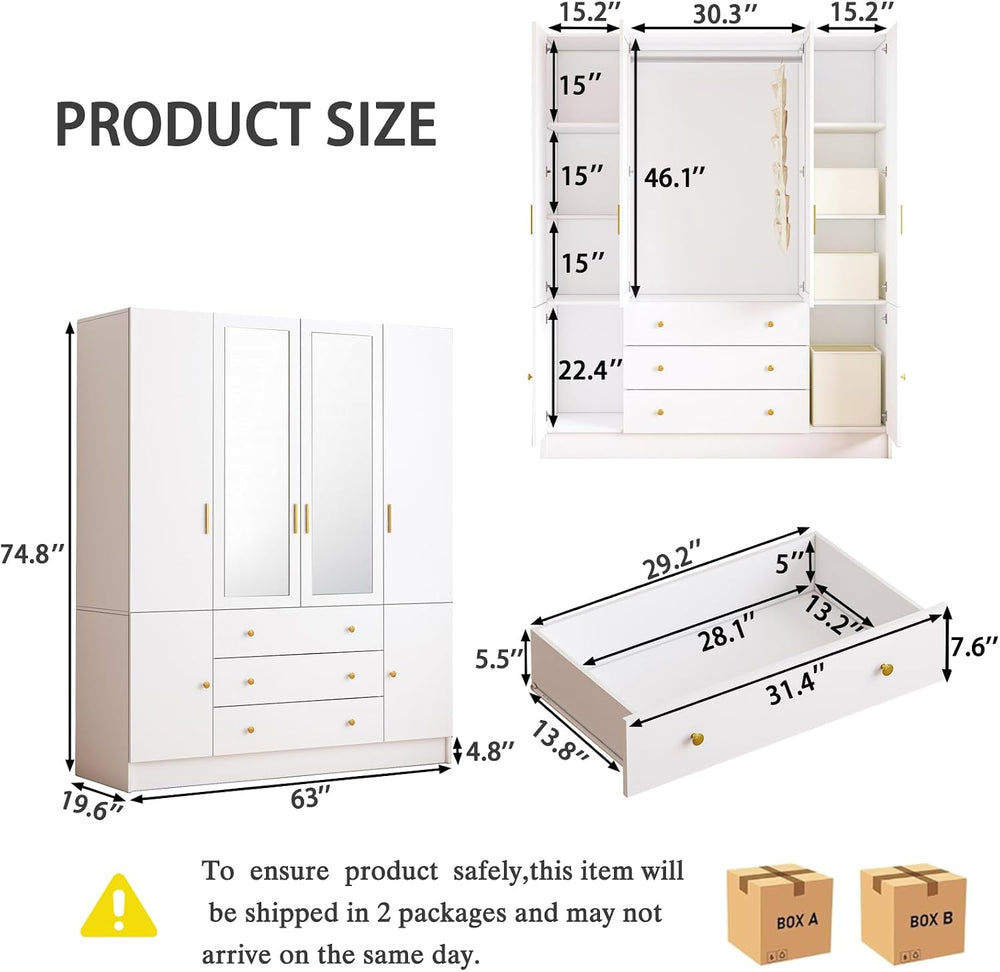 4 Doors LED Armoire Wardrobe Closet with Mirror, 75" Tall Modern Wooden ...