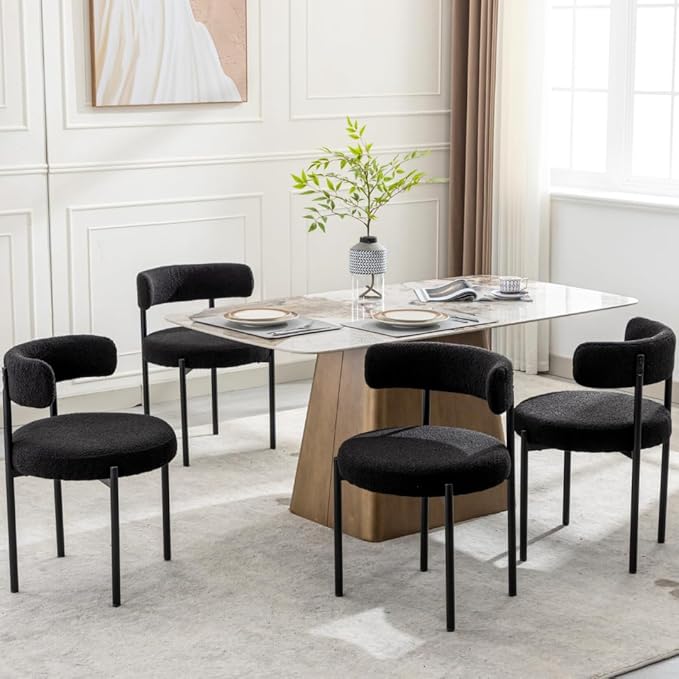 Boucle Dining Chairs Set of 4, Black Dining Chairs with Upholstered Seat and Round Back, Mid-Century Modern Kitchen Chairs for Dining Room, Restaurant