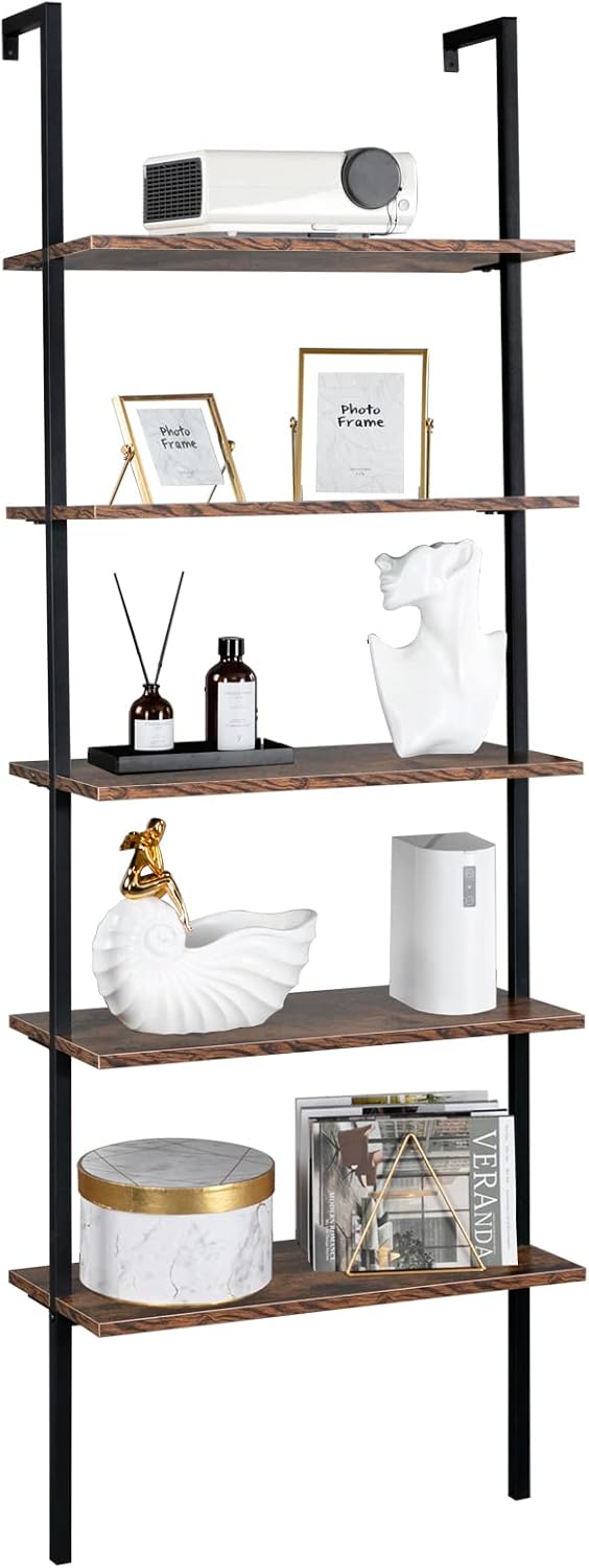 5-Tier Wall Mounted Ladder Shelf, Industrial Bookshelf with Metal Frame, Rustic Brown Bookcase for Home Office Living Room, Storage Rack for Home Office,Industrial Display Rack Books