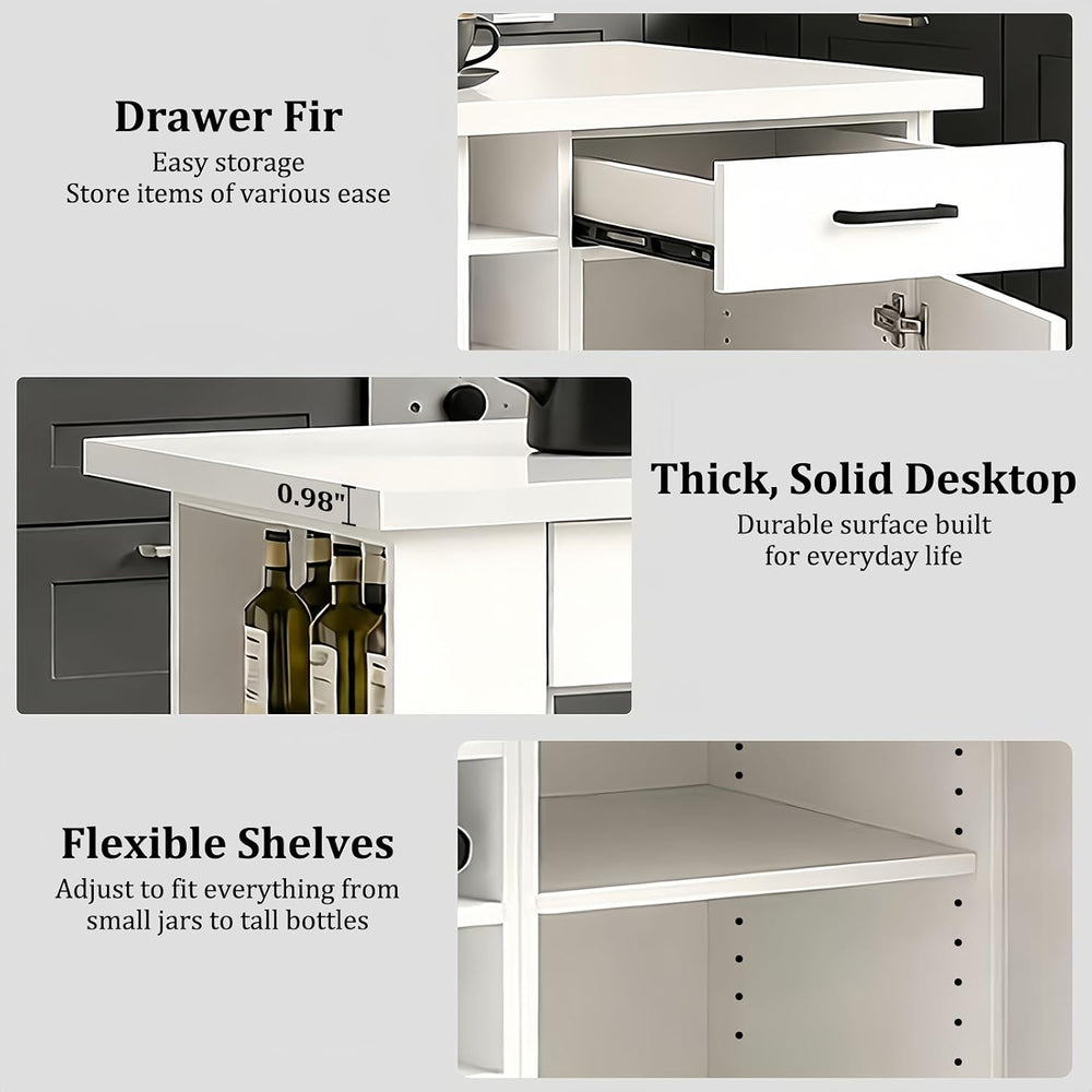 Large Kitchen Island,Wood Freestanding Islands with Storage Drawers, Trash Ca...