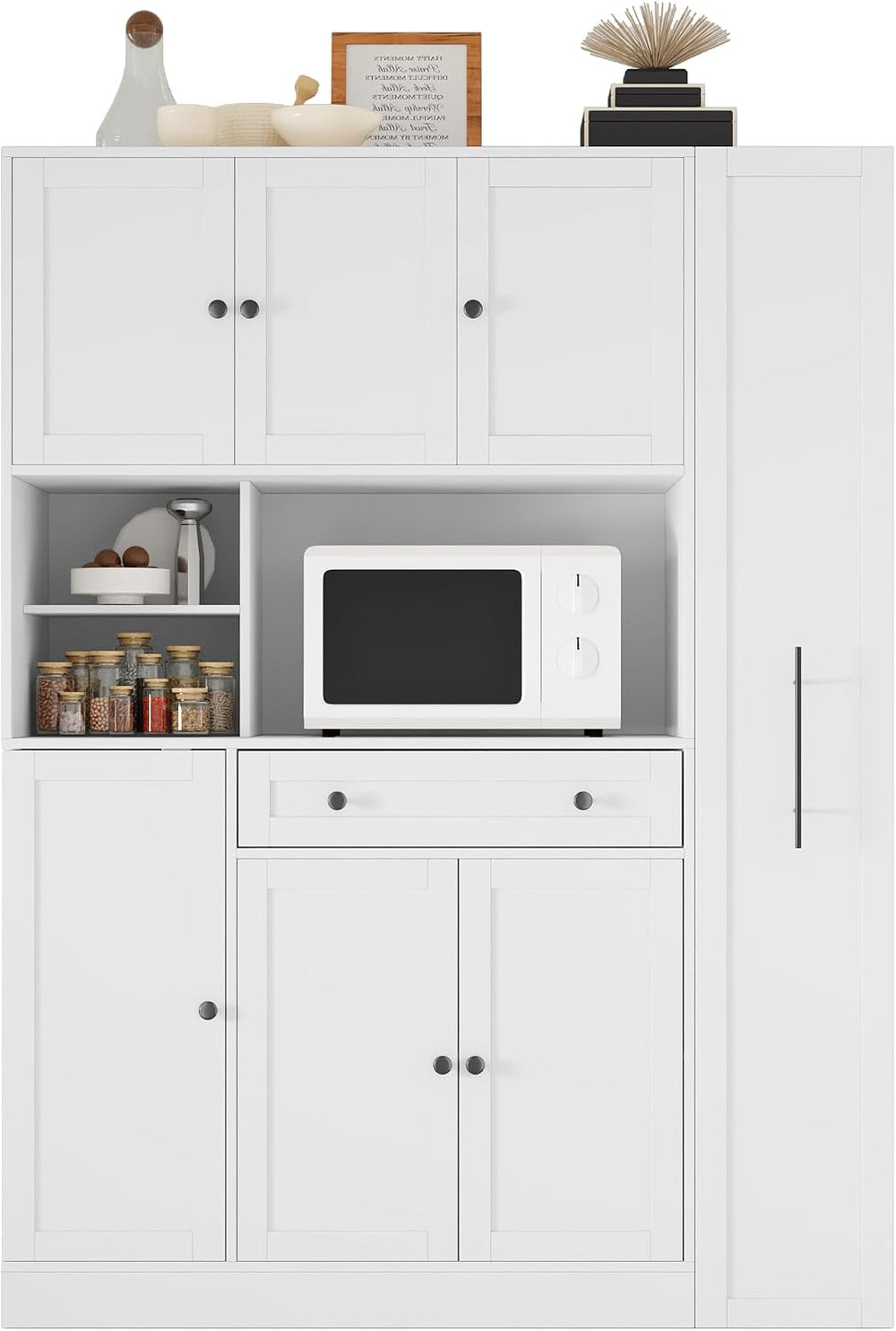 Farmhouse Freestanding Kitchen Pantry with Pull-Out Side Cabinet, Door Shelve...