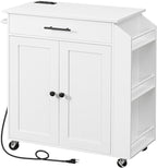 HOOBRO Kitchen Island with Power Outlet, Kitchen Storage Island with Spice Rack and Drawer, Rolling Kitchen Cart on Wheels, for Home, Kitchen and Dining Room, White WT82UZD01G1