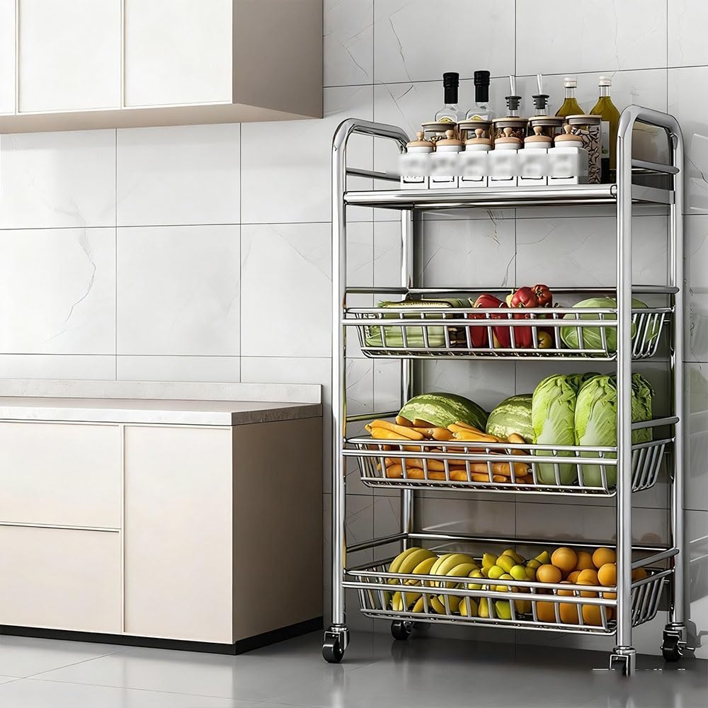304 Stainless Steel Rolling Cart, Utility Kitchen Storage Carts with Wheels, Metal Kitchen Island, Storage Cart for Dining Room, Room, Laundry Room