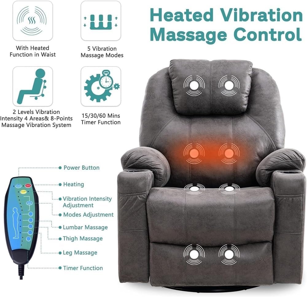 Modern Swivel Rocker Recliner Chair with Massage and Heat Manual Glider Lounge Recliner with Cup Holder and Vibration for Living Room Bedroom