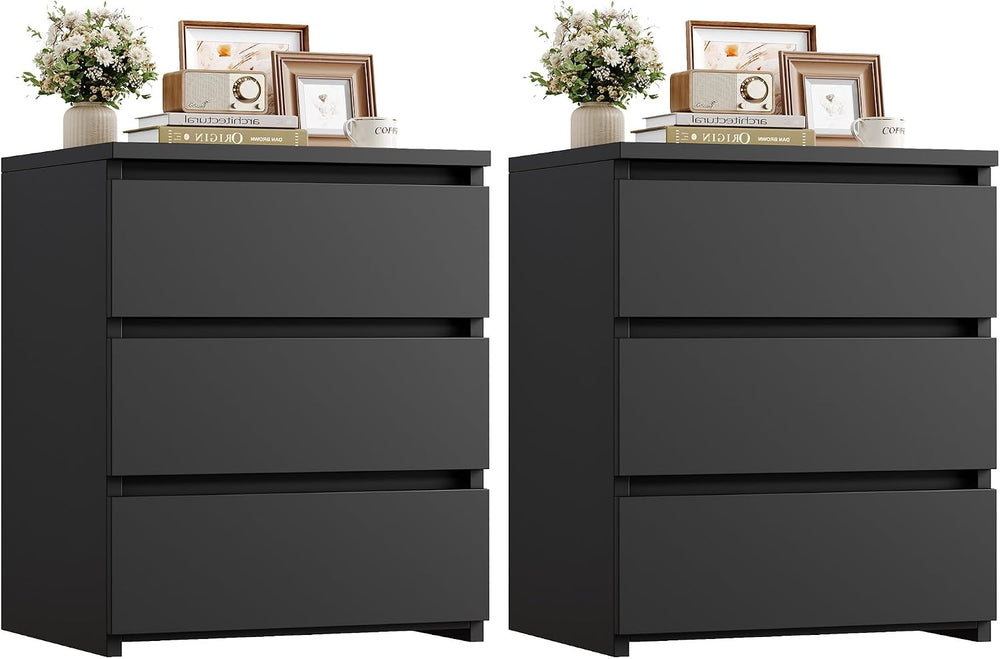 FOTOSOK Nightstands Set of 2, Black Nightstand with 3 Drawers for Bedroom | B...