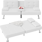Flamaker Futon Sofa Bed Modern Folding Futon Set PU Leather Convertible Recliner Lounge for Living Room with 2 Cup Holders, Removable Armrests (PU Leather, White)