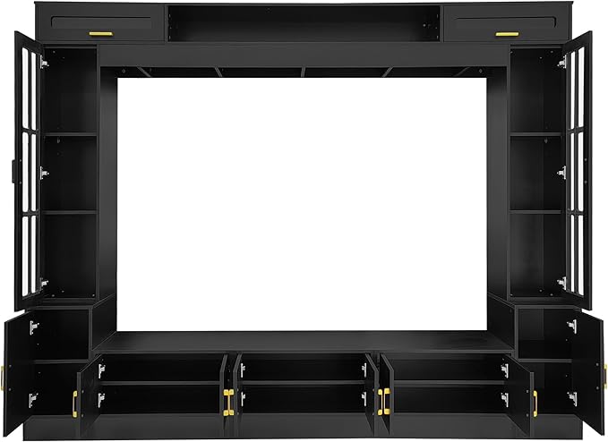 98.4" W Wall Unit Entertainment Center with Bookshelves for TVs up to 80", Modern TV Stand Media Console with Cabinets, Tempered Glass Doors for Living Room (Black/T3)