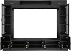 98.4" W Wall Unit Entertainment Center with Bookshelves for TVs up to 80", Modern TV Stand Media Console with Cabinets, Tempered Glass Doors for Living Room (Black/T3)