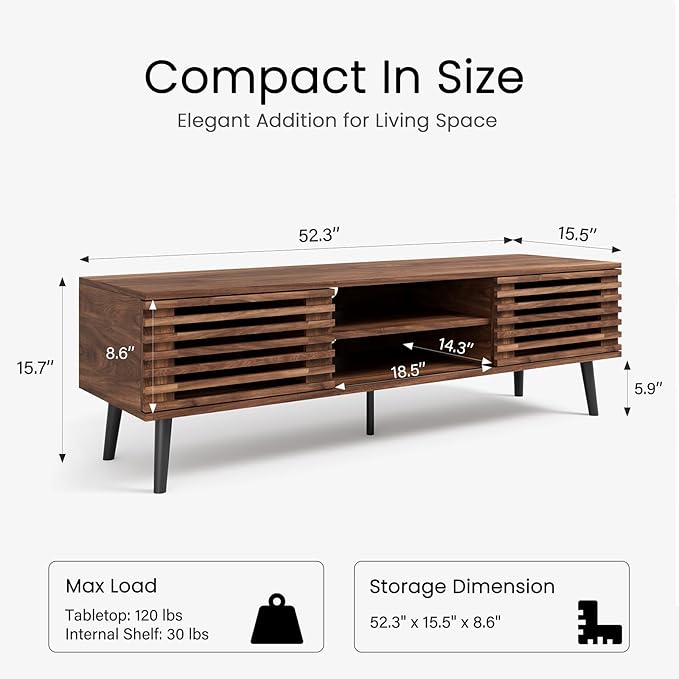 HAIOOU Mid Century Modern TV Stand, 52" Wooden TV Console with Slatted S...