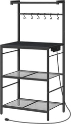 MAHANCRIS Bakers Rack with Power Outlet, Kitchen Storage Shelf with 6 Hooks, Microwave Stand with Storage, 4-Tier Coffee Bar Station, for Kitchen, Dining Room, Black BRBK35E01