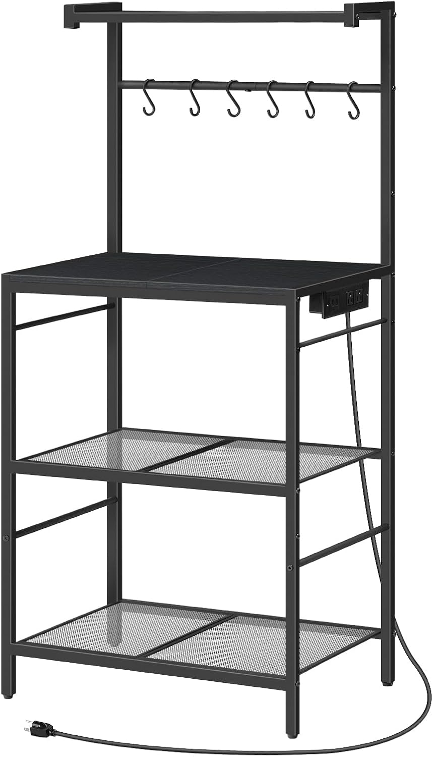 MAHANCRIS Bakers Rack with Power Outlet, Kitchen Storage Shelf with 6 Hooks, Microwave Stand with Storage, 4-Tier Coffee Bar Station, for Kitchen, Dining Room, Black BRBK35E01