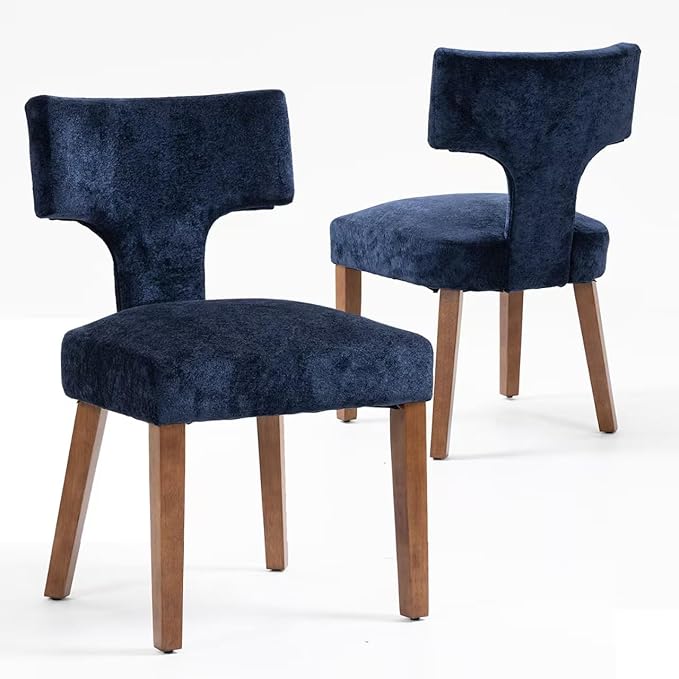 Soft Padded Dining Chairs Set of 4, Modern Farmhouse Upholstered Chairs with Linen Fabric & Rubber Wood Legs, Ergonomic Armless Seats for Dining Room Kitchen Living Room (Blue)