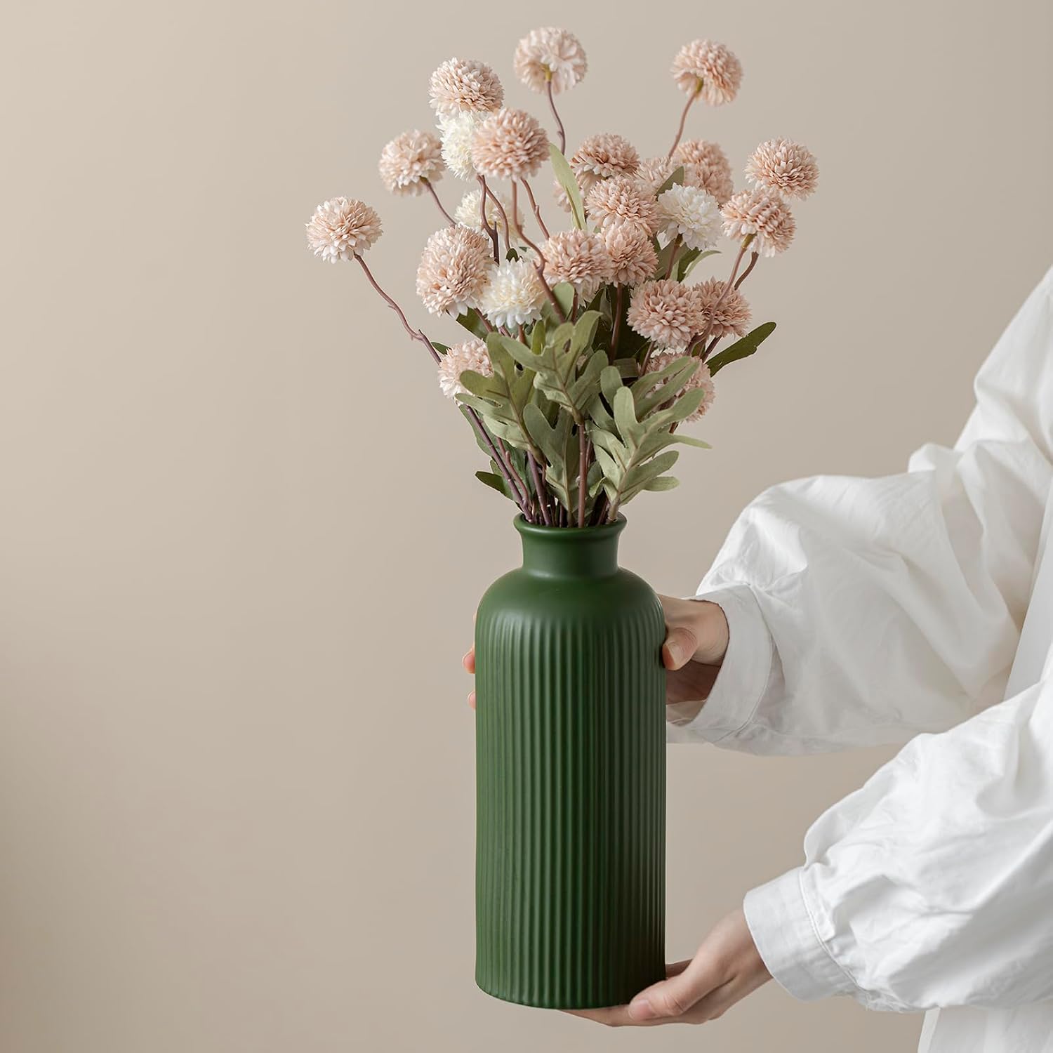 Green Ribbed Ceramic Vase for Flowers, Modern Textured Decorative Vase, 10 Inch Tall, 4 Inch Width, Farmhouse Style Home Decor (Matte Glaze Green)