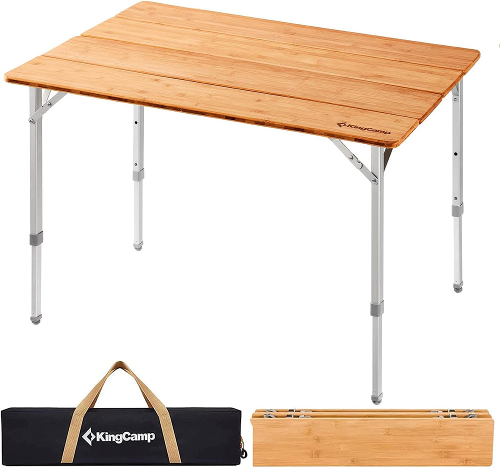 KingCamp Bamboo Folding Camping Table, 4-Fold Adjustable Outdoor Table | Port...