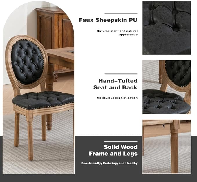 French Country Dining Chairs Set of 6, Black Kitchen & Dining Room Chairs, Faux Leather Tufted Upholstered, Wood Legs, Sillas De Comedor (PU, Black, 6Pcs)
