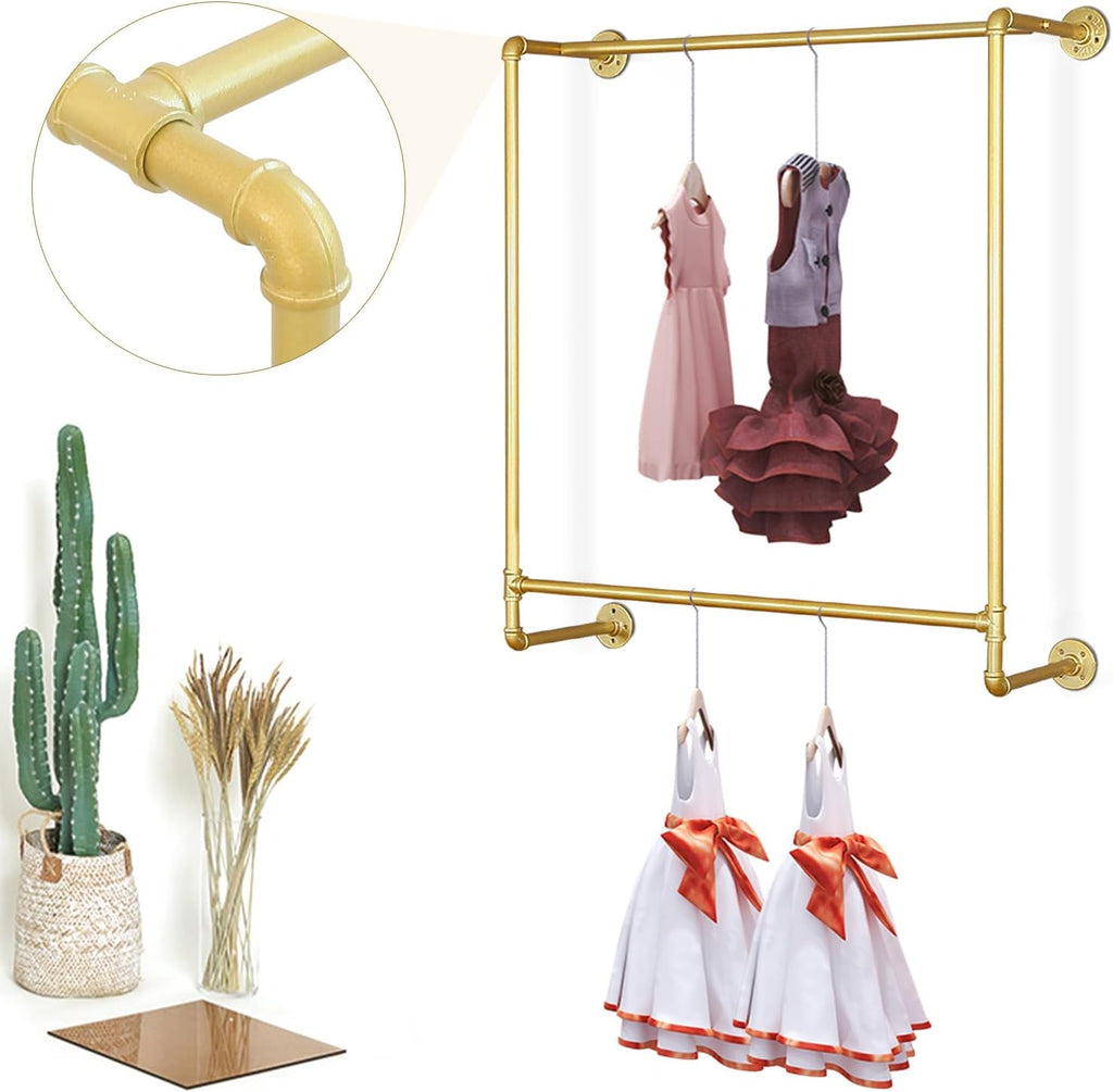 Gold Wall Mounted Clothes Rack, Industrial Pipe Garment Rack Hanging Rod Bar for Closet Storage,Laundry Room Up to Max Load 110lbs