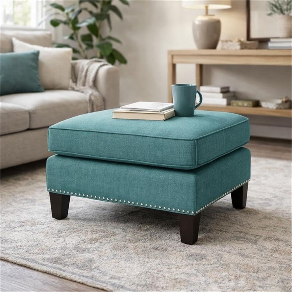 BOWERY HILL Solid Wood Frame Ottoman, Teal Fabric Upholstery, Nail Head Trim,...