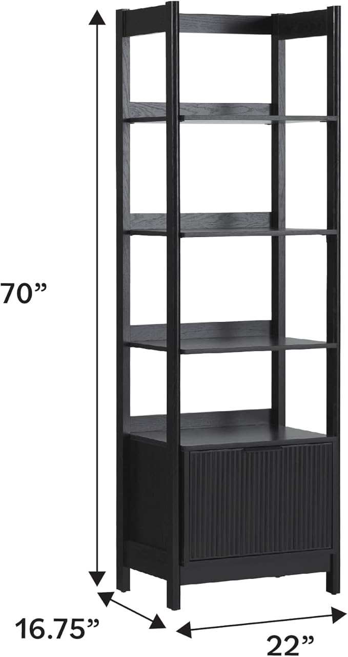 Walker Edison Transitional Reeded Narrow Open Bookshelf with Drawer Home Office Living Room, Bedroom, 4-Shelf Bookcase with Bottom Storage, 22 Inch, Black