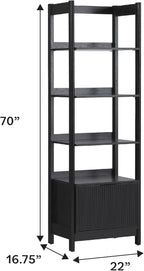 Walker Edison Transitional Reeded Narrow Open Bookshelf with Drawer Home Office Living Room, Bedroom, 4-Shelf Bookcase with Bottom Storage, 22 Inch, Black
