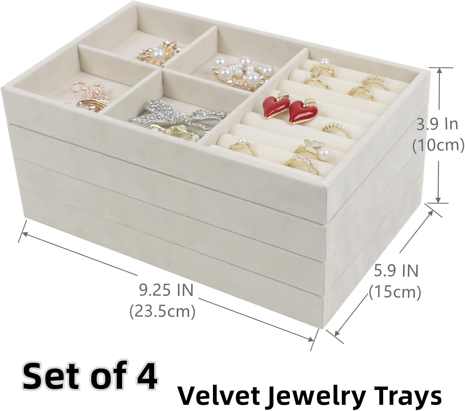 Set of 4 Stackable Jewelry Trays Organizer, Velvet Earring Organizer, Jewelry Organizer Showcase Display Drawer Organizer Storage, Earring Holder Necklace Bracelet Ring Accessary Organizers (Beige)