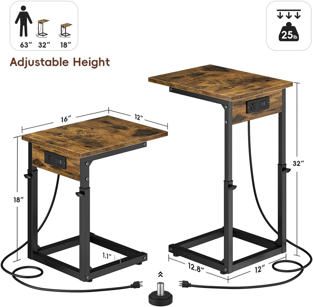 Vagusicc C Shaped End Table with Charging Station, 33"Tall Side Table fo...