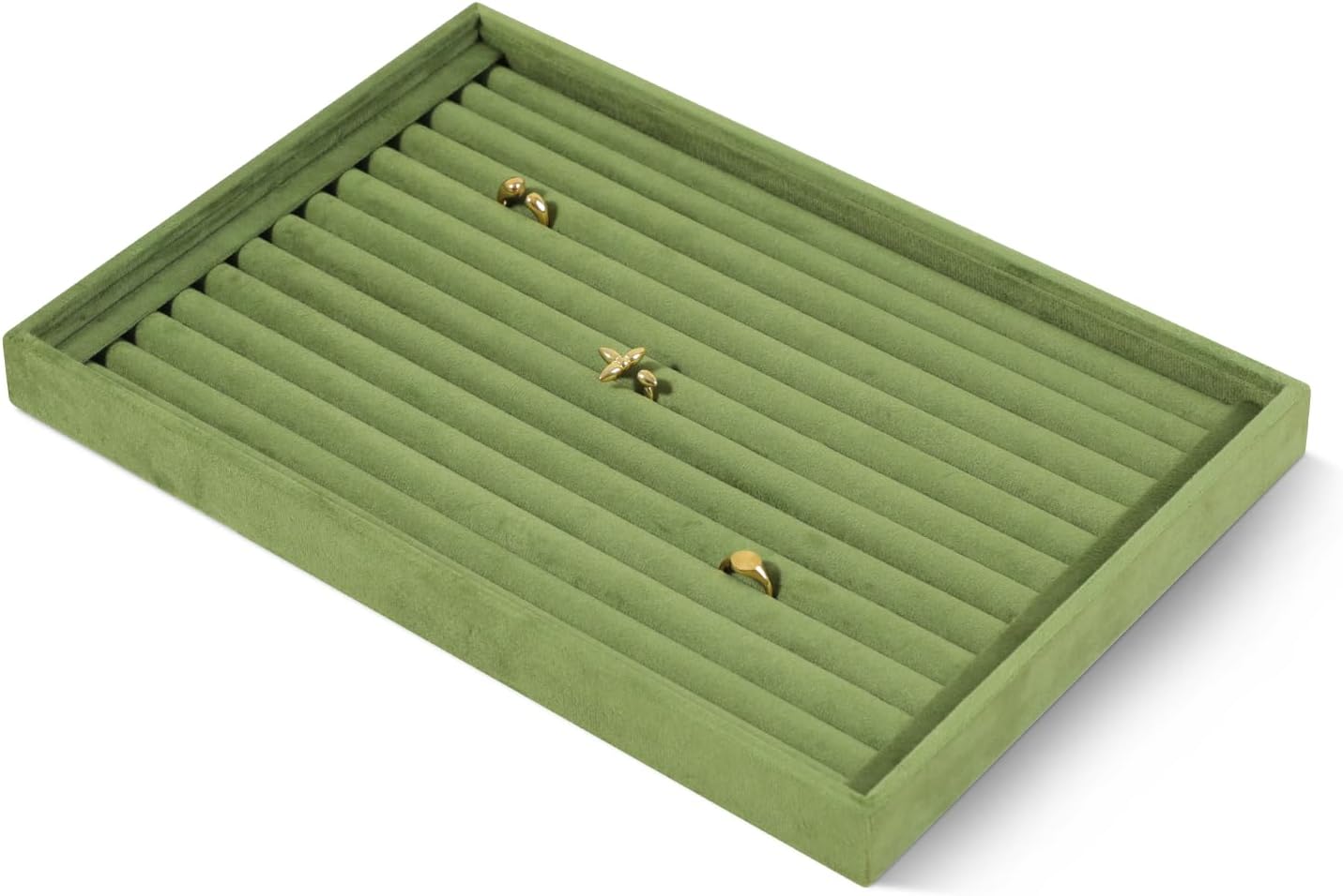 Velvet Ring Display Tray, Stackable Muilt Slot Rings Ear Stud Storage Tray, Drawer Insert Jewelry Accessories Organizers Plate (Olive Green)
