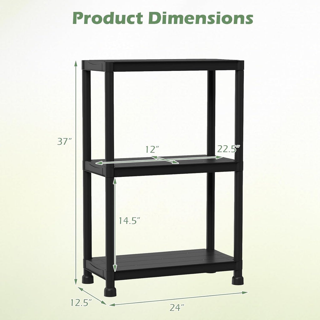 Giantex 3-Tier Heavy-Duty Plastic Storage Shelves, Freestanding Garage Shelving Unit, Multi-Use Organizer Rack for Pantry, Kitchen, Laundry, No-Tool Assembly, Black (1,24" x 12.5" x 37")