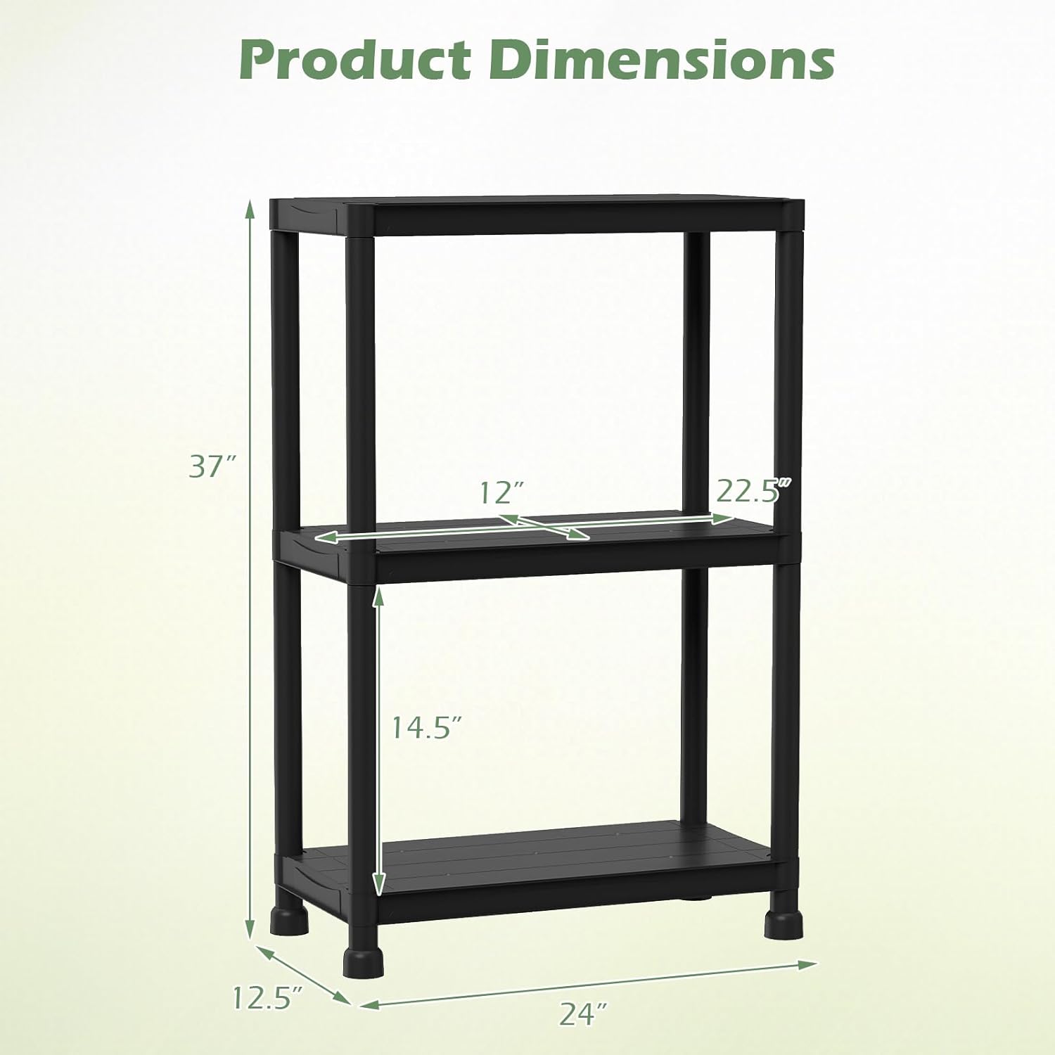 Giantex 3-Tier Heavy-Duty Plastic Storage Shelves, Freestanding Garage Shelving Unit, Multi-Use Organizer Rack for Pantry, Kitchen, Laundry, No-Tool Assembly, Black (1,24" x 12.5" x 37")
