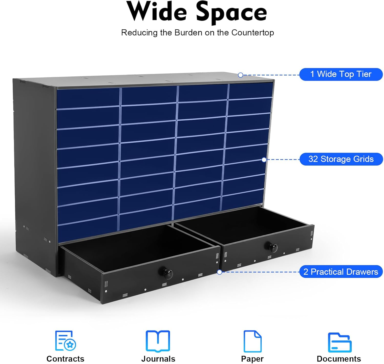 Adjustable Literature Organizer, 32 Compartments Mail Sorter Organizer with 2 Drawers, PVC Desktop File Sorter, Classroom Mailbox Office Mailbox Cubbies for Office, Home, Study Room Black
