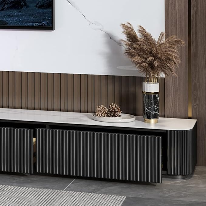 POVISON Fully-Assembled Modern TV Stand for Projector, Sintered Stone Entertainment Center with Storage for 85 inch TV, Wood TV Console, Media Console for Living Room Bedroom