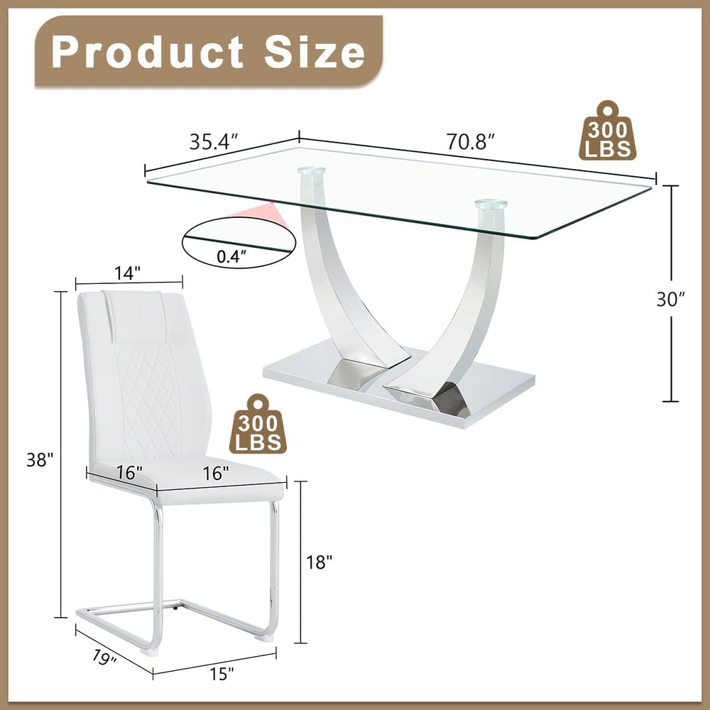 Glass Dining Table Set for 6, Modern Kitchen Table Set for 6, 71" Temper...