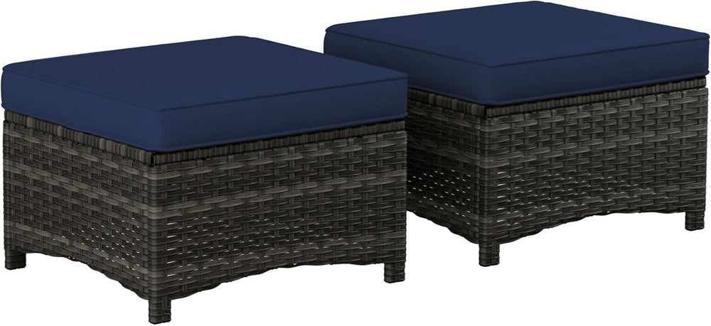 Outdoor Wicker Ottoman Set of 2, Patio Swivel Rattan Ottoman with Thick Cushi...