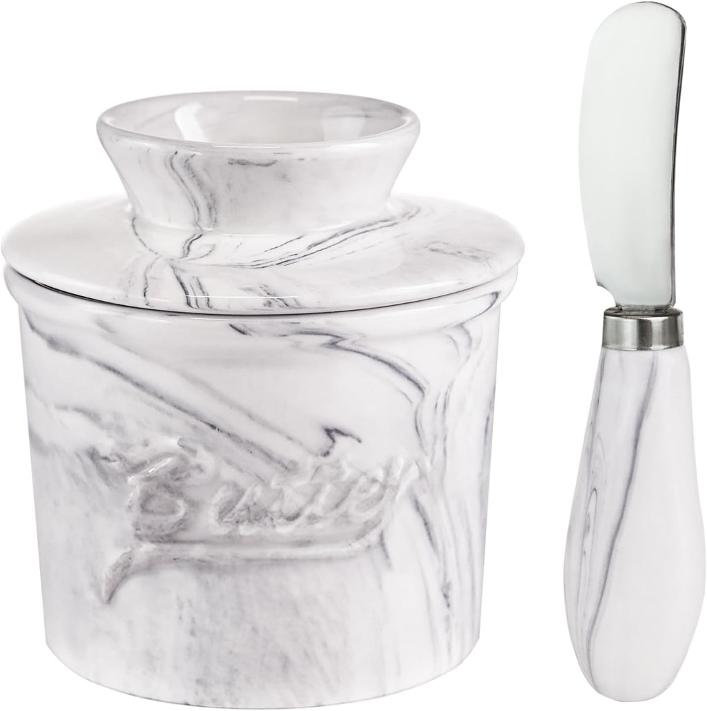 Ceramic Butter Crock with Lid & Spreader Knife, Butter Keeper - Ideal Butter Storage & Countertop Butter Dish, Marble White