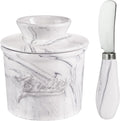 Ceramic Butter Crock with Lid & Spreader Knife, Butter Keeper - Ideal Butter Storage & Countertop Butter Dish, Marble White