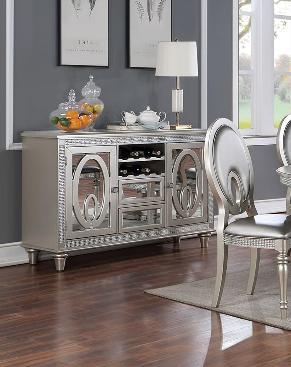 Contemporary Silver Server with Mirror Tile Accents, Mirror, Solid Wood | Mir...