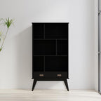 SIMPLIHOME Draper Bookcase - 64 inch Tall Solid Hardwood Wide Storage Bookshelf in Black, Mid-Century Modern Storage for Living Room, Study Room or Office with Adjustable Shelves and Tapered Legs