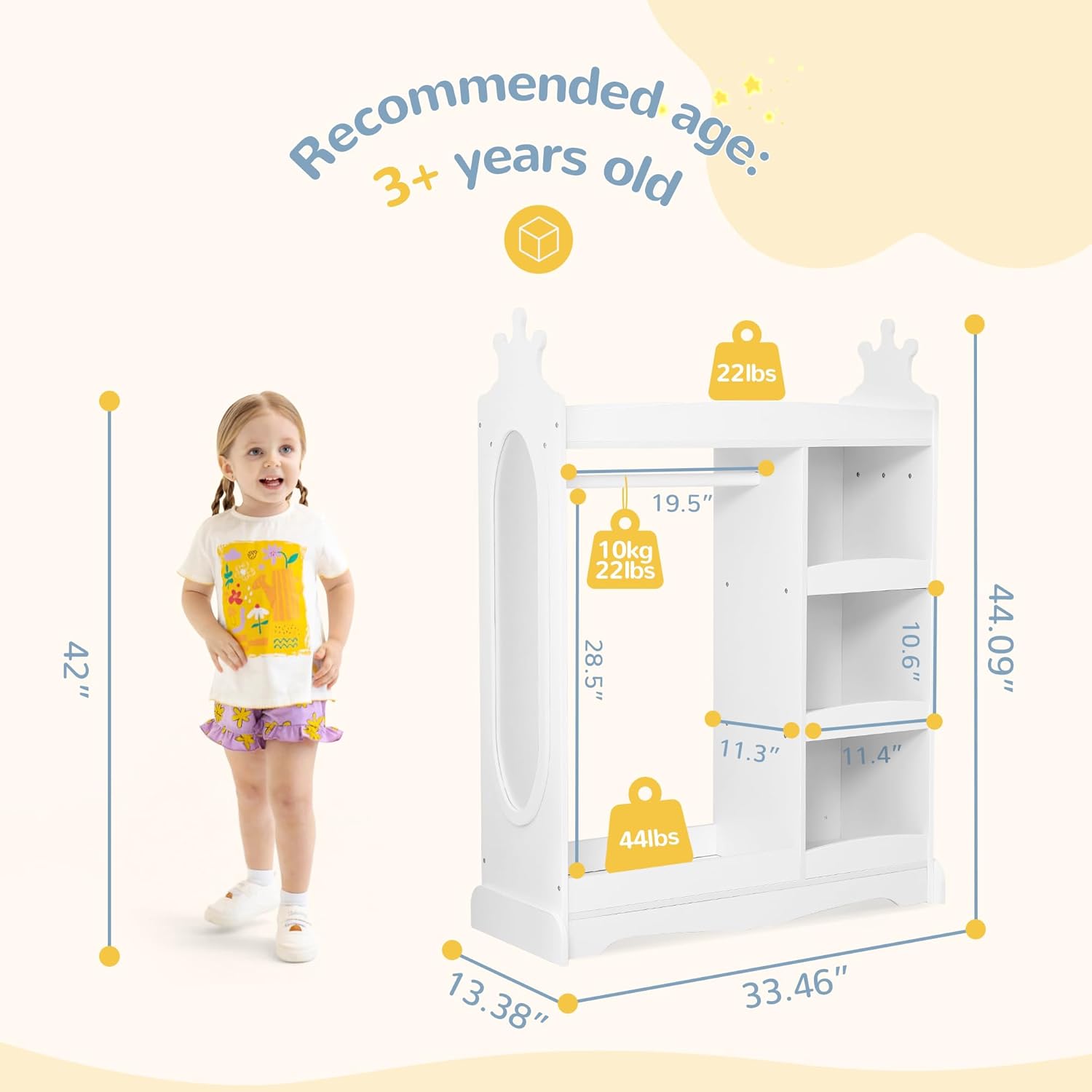 Curipeer Kids Dress up Storage with Mirror, Kids Wardrobe with 3 Hooks, Kids Closet for Girls Boys, Open Hanging Armoire Costume Organizer for Bedroom, Preschool, Classroom, White