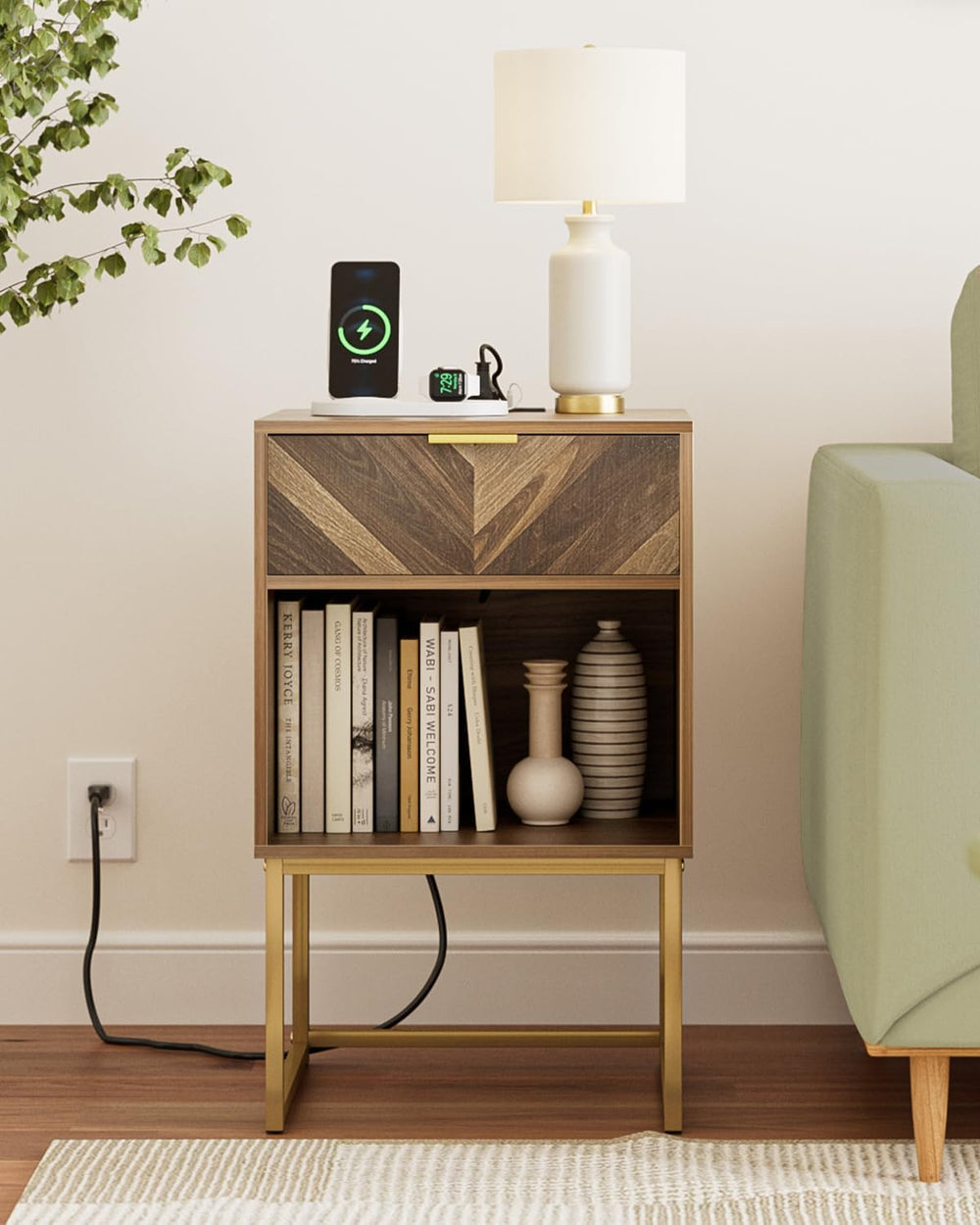 Nightstand with Charging Station,Modern Night Stand Boho Farmhouse Wood Bedsi...
