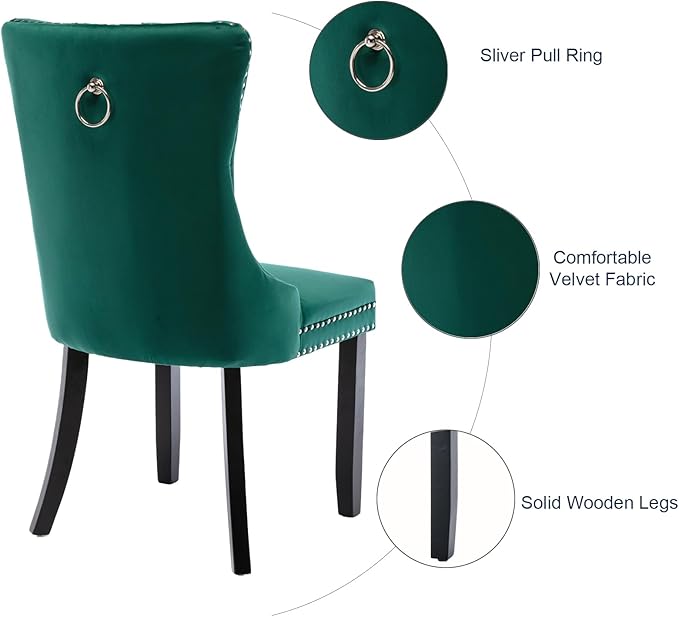 Velvet Dining Chairs Set of 4, Tufted Upholstered Dining Room Chairs with Back Ring Pull, Nailhead Trim and Solid Wood Legs, Modern Dining Chairs for Dining Room, Kitchen(Green)