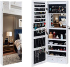 8 LEDs Mirror Jewelry Armoire, Wall Mounted Jewelry Cabinet with Mult Back Shelves & Interior Mirror & Lockable & Drawers, Jewelry Organizer with Storage for Women Gift, White