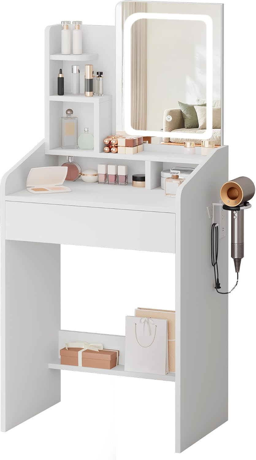 LIVELYGLOW 24" White Small Vanity Set with Lighted Mirror & Storage ...