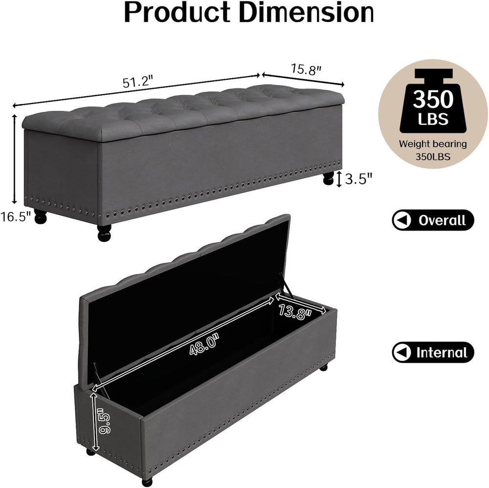 51" Storage Ottoman Bench with Wooden Legs and Soft-Close, Grey | Large ...