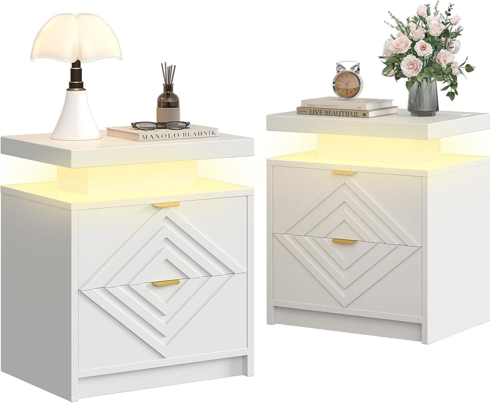 White Nightstand with Charging Station and LED Lights, Smart Night Stand, Mod...